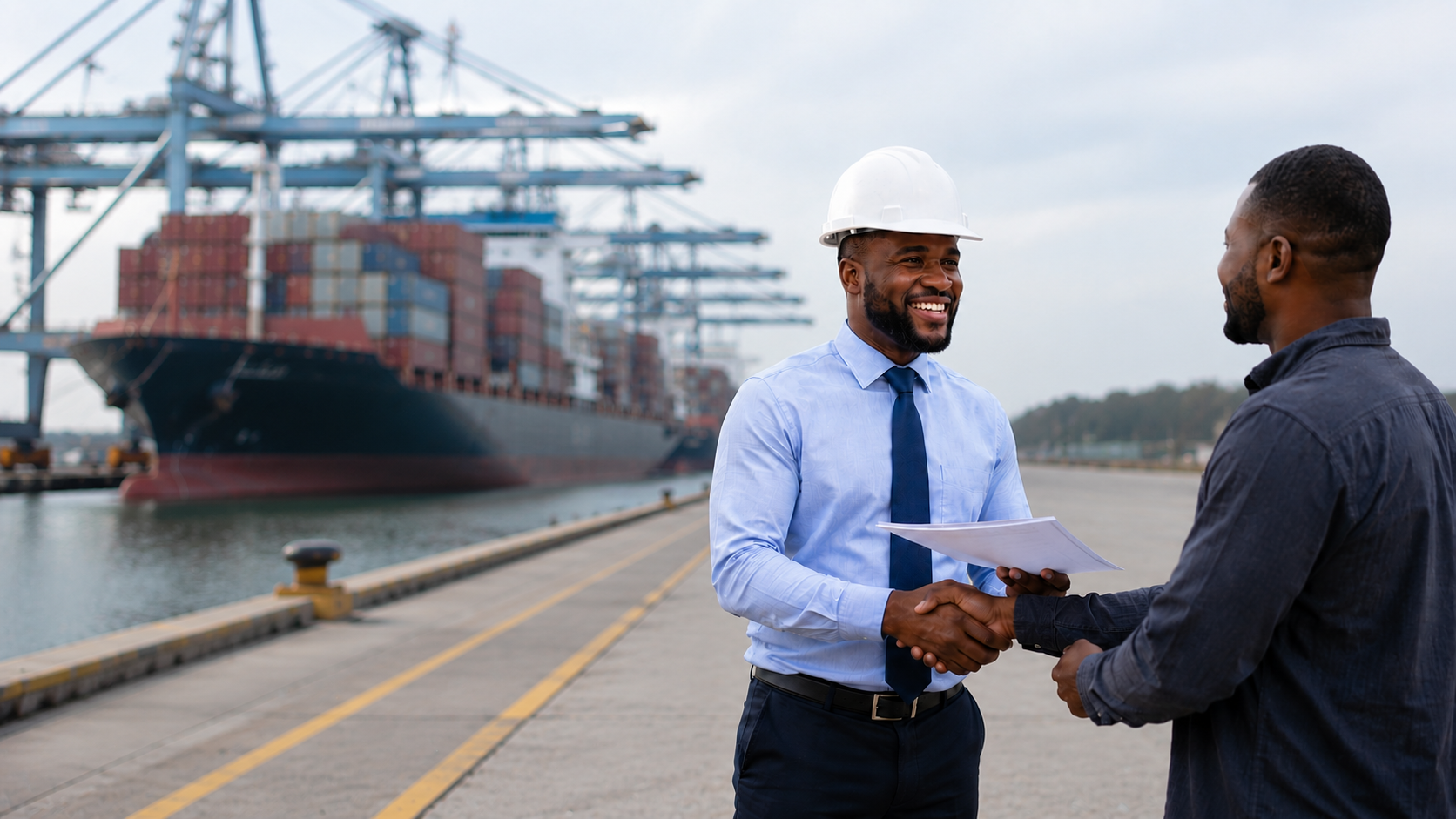 A licensed customs broker and client shaking hands at Nassau port